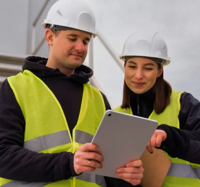 Solar engineers reviewing a rooftop solar plan